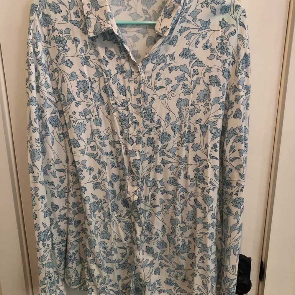 Womens Floral Print Button-Up Shirt - Blue on White